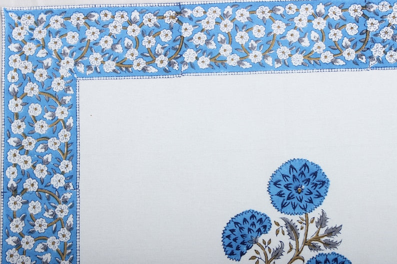 Dodger Blue Indian Floral Hand Block Printed Cotton Border Napkins, Size 20x20"