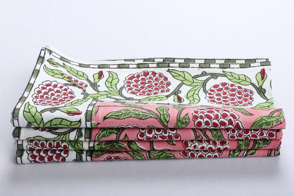 Strawberry Pink, Green and Red Indian Floral Hand Block Printed Size 20x20" Cotton Border Napkins
