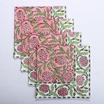 Strawberry Pink, Green and Red Indian Floral Hand Block Printed Size 20x20" Cotton Border Napkins