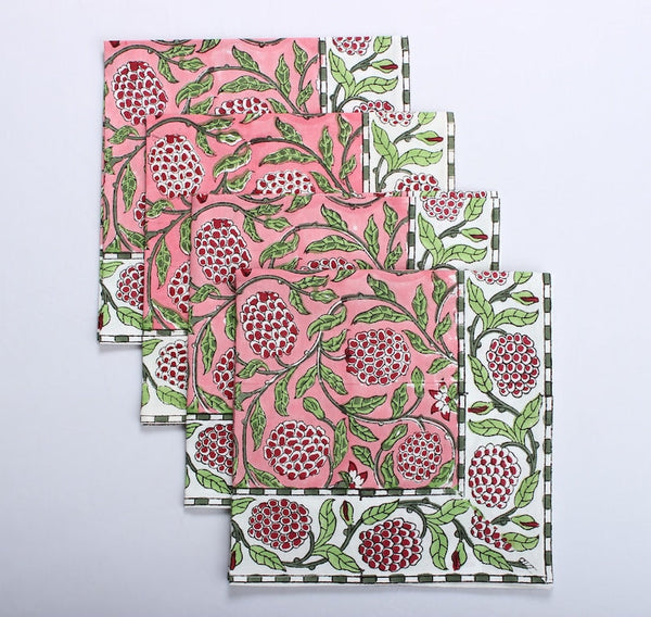 Strawberry Pink, Green and Red Indian Floral Hand Block Printed Size 20x20" Cotton Border Napkins