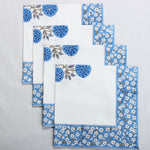 Dodger Blue Indian Floral Hand Block Printed Cotton Border Napkins, Size 20x20"