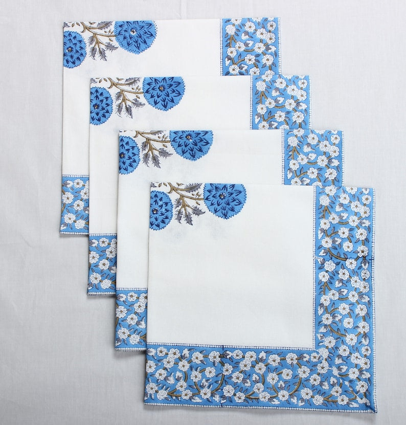 Dodger Blue Indian Floral Hand Block Printed Cotton Border Napkins, Size 20x20"