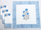 Dodger Blue Indian Floral Hand Block Printed Cotton Border Napkins, Size 20x20"