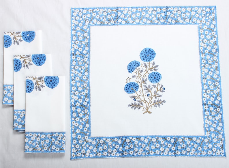 Dodger Blue Indian Floral Hand Block Printed Cotton Border Napkins, Size 20x20"