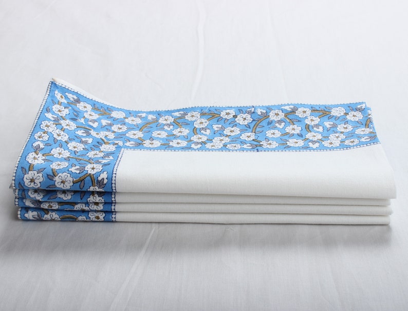 Dodger Blue Indian Floral Hand Block Printed Cotton Border Napkins, Size 20x20"