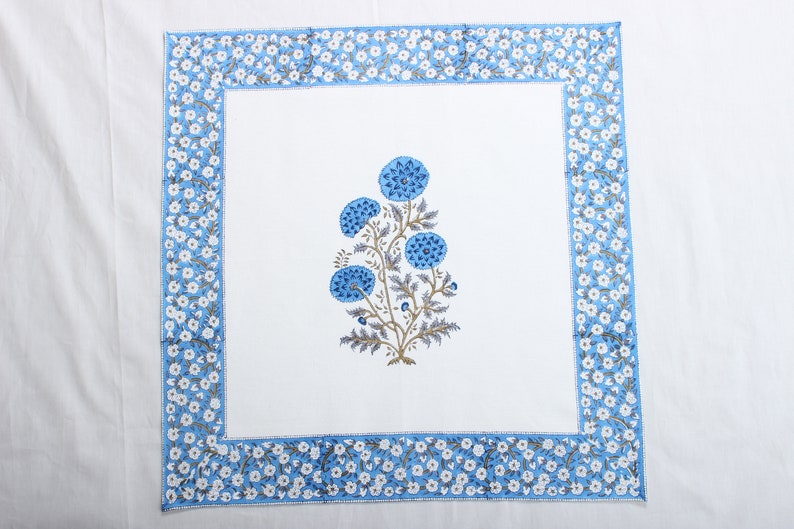 Dodger Blue Indian Floral Hand Block Printed Cotton Border Napkins, Size 20x20"