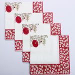 Falun Red Indian Floral Hand Block Printed Border Napkins, Size 20x20"