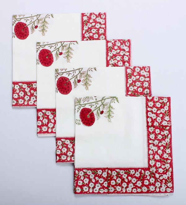 Falun Red Indian Floral Hand Block Printed Border Napkins, Size 20x20"