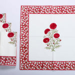Falun Red Indian Floral Hand Block Printed Border Napkins, Size 20x20"