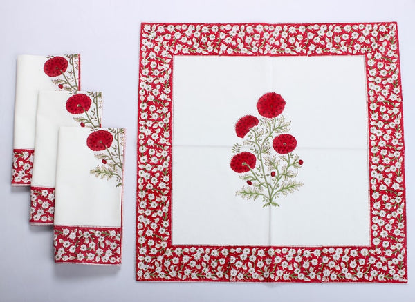 Falun Red Indian Floral Hand Block Printed Border Napkins, Size 20x20"