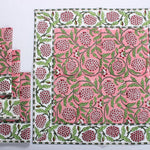 Strawberry Pink, Green and Red Indian Floral Hand Block Printed Size 20x20" Cotton Border Napkins