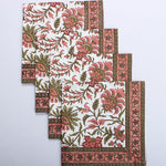 New York Pink Indian Floral Hand Block Printed Cotton Border Napkins, Size 20x20"