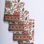 New York Pink Indian Floral Hand Block Printed Cotton Border Napkins, Size 20x20"