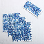 Dark Royal Blue Indian Floral Hand Block Printed Cotton Border Napkins, Size 20x20"