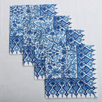 Dark Royal Blue Indian Floral Hand Block Printed Cotton Border Napkins, Size 20x20"