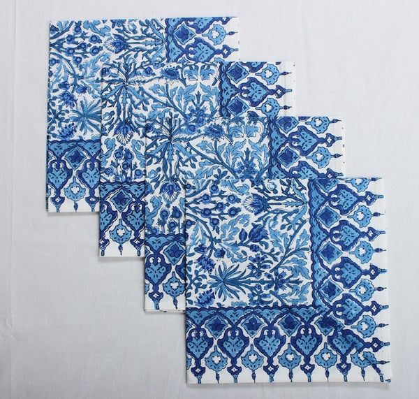 Dark Royal Blue Indian Floral Hand Block Printed Cotton Border Napkins, Size 20x20"