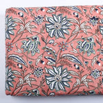 Peach And Berry Blue Hand-Block Printed Cotton Cloth