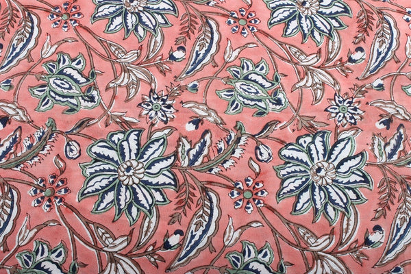 Peach And Berry Blue Hand-Block Printed Cotton Cloth