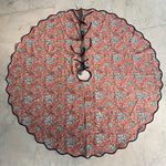 FABRICSG Tree Skirt, Indian Floral Hand Block Printed Piping Scallops Cotton Cloth Christmas Tree Skirt, Farmhouse Home Christmas Decor Holiday Decor