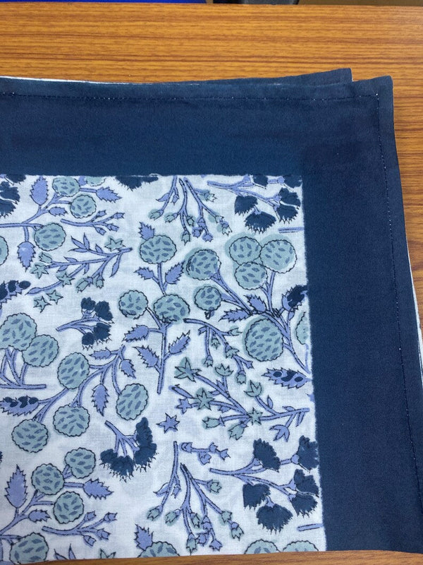 Denim and Baby Blue Indian Floral Hand Block Printed Cotton Cloth Border Napkins Size 20x20"