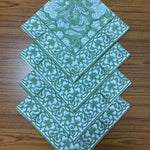 Sage Green Indian Floral Hand Block Printed Cotton Cloth Border Napkins Size 20x20"