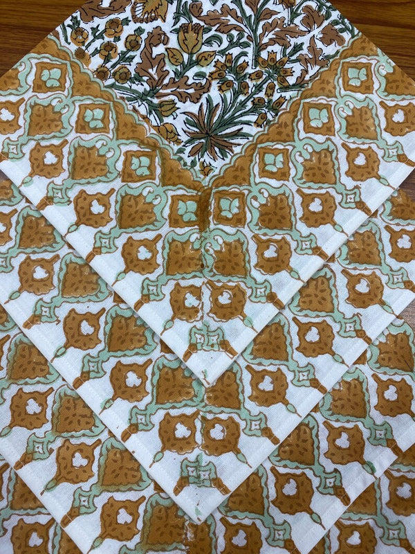 Goldenrod Yellow, Fern Green, Brown Indian Floral Hand Block Printed Cotton Cloth Border Napkins Size 20x20"