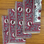 Sangria Red, Cerise Pink Indian Floral Hand Block Printed Cotton Napkins Size 20x20"