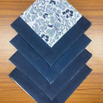 Denim and Baby Blue Indian Floral Hand Block Printed Cotton Cloth Border Napkins Size 20x20"