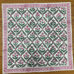 Watermelon Pink, Floral Hand Block Printed Cotton Border Napkins Size 20x20"