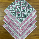 Watermelon Pink, Floral Hand Block Printed Cotton Border Napkins Size 20x20"