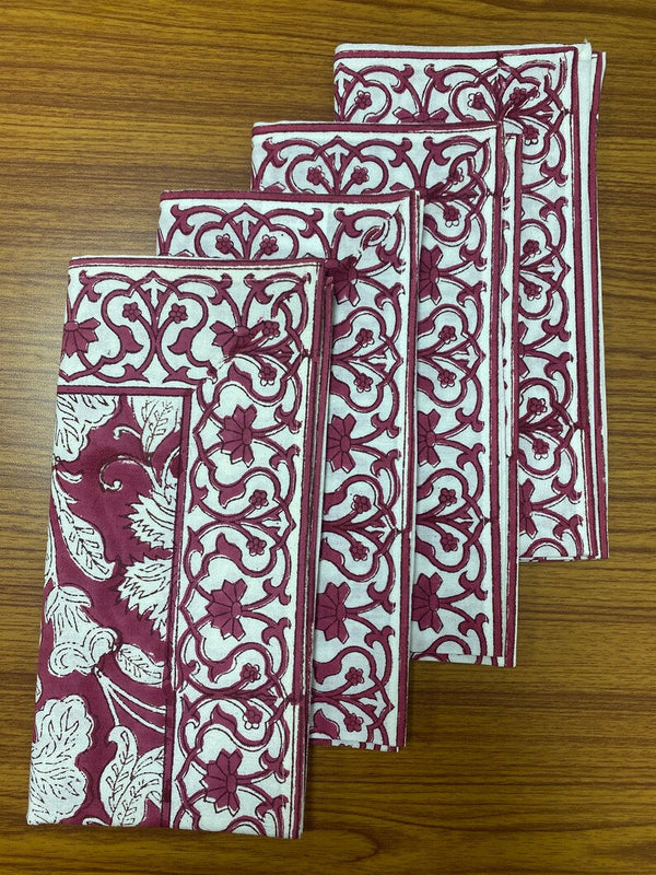 Deep Pruce Indian Floral Hand Block Printed Cotton Cloth Border Napkins Size 20x20"
