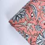 Peach And Berry Blue Hand-Block Printed Cotton Cloth