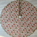 FABRICSG Tree Skirt, Indian Floral Hand Block Printed Piping Scallops Cotton Cloth Christmas Tree Skirt, Farmhouse Home Christmas Decor Holiday Decor
