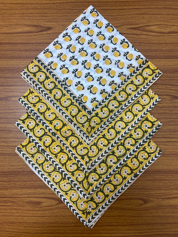 Vintage Yellow Drip Flower Indian Floral Hand Block Printed Cotton Cloth Napkins Size 20x20" Set of 4,6,12,24,48 Wedding Events Home Gifts