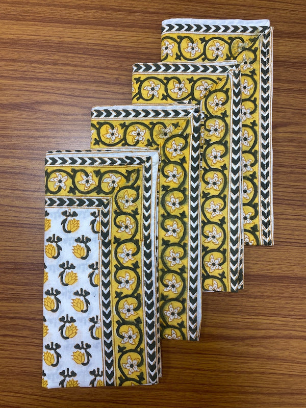 Vintage Yellow Drip Flower Indian Floral Hand Block Printed Cotton Cloth Napkins Size 20x20" Set of 4,6,12,24,48 Wedding Events Home Gifts