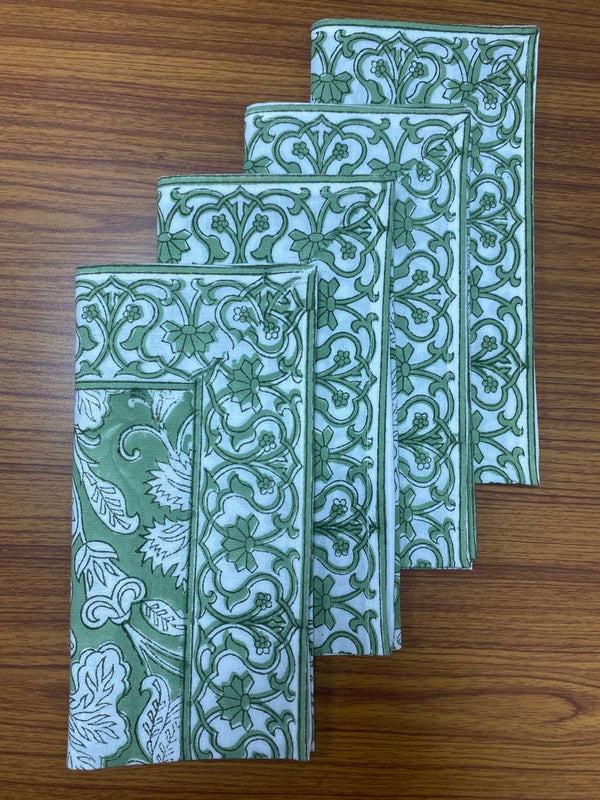 Sage Green Indian Floral Hand Block Printed Cotton Cloth Border Napkins Size 20x20"