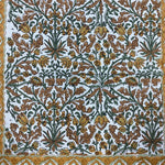 Goldenrod Yellow, Fern Green, Brown Indian Floral Hand Block Printed Cotton Cloth Border Napkins Size 20x20"