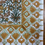 Goldenrod Yellow, Fern Green, Brown Indian Floral Hand Block Printed Cotton Cloth Border Napkins Size 20x20"