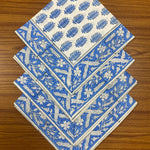 Cerulean Blue Indian Floral Hand Block Printed Size 20x20" Cotton Border Napkins
