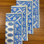 Cerulean Blue Indian Floral Hand Block Printed Size 20x20" Cotton Border Napkins