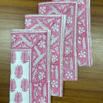 Taffy Pink Indian Floral Hand Block Printed Cotton Border Napkins Size 20x20"