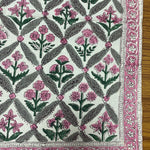 Watermelon Pink, Floral Hand Block Printed Cotton Border Napkins Size 20x20"