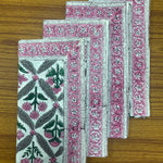 Watermelon Pink, Floral Hand Block Printed Cotton Border Napkins Size 20x20"