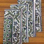 Basil Green, Peacock Blue Size Floral 20x20" Hand Block Print Cotton Cloth Napkins