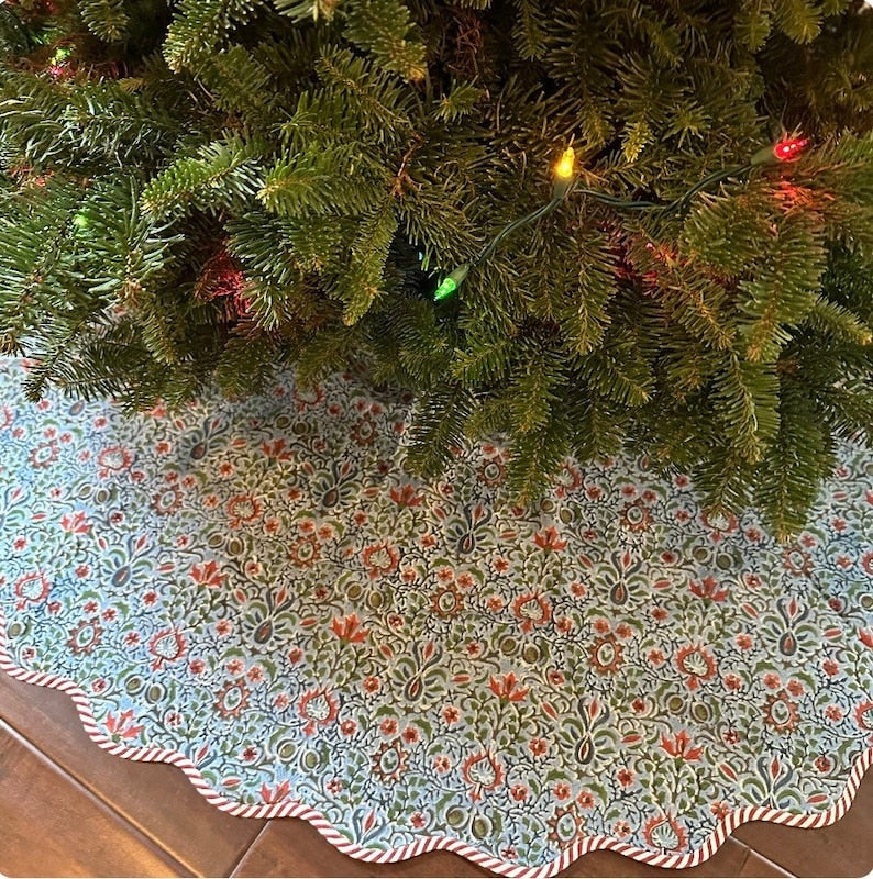 FABRICSG Indian Floral Hand Block Printed Piping Scallops Cotton Cloth Christmas Tree Skirt, Farmhouse Outdoor Home House Christmas Decor Unique