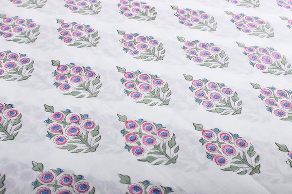 Rudy Blue, Pink and Green Hand-Block Printed Cotton Cloth