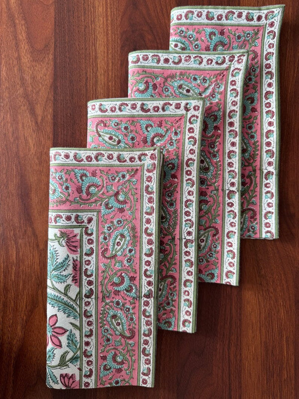 Border Napkins, Tulip Pink and Mint Green Indian Floral Hand Block Printed Cotton Cloth Napkins Size 20x20"