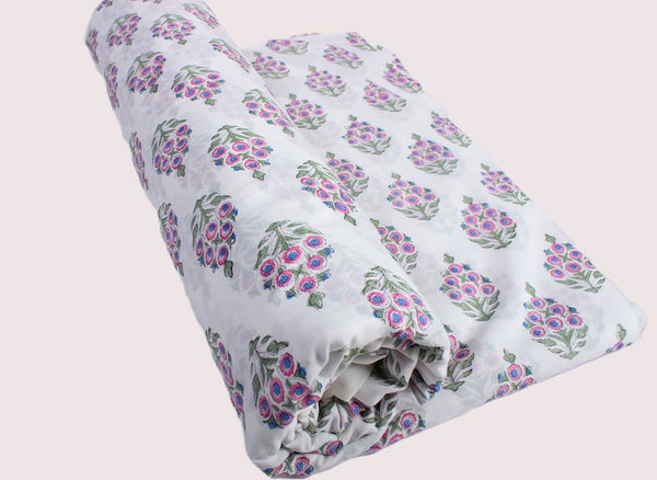 Rudy Blue, Pink and Green Hand-Block Printed Cotton Cloth