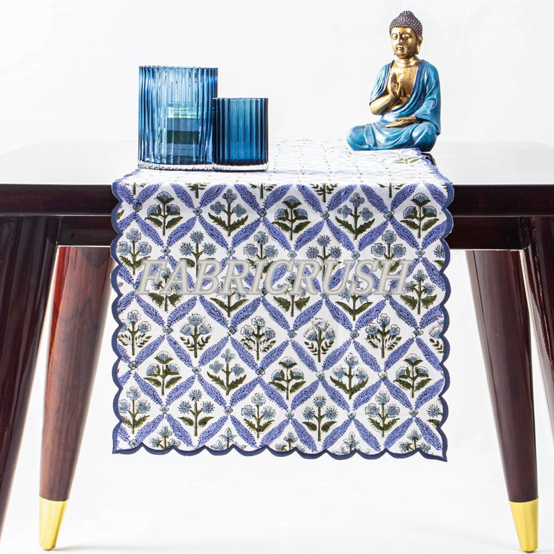 Light Steel Blue Embroidery Scallop Table Runner