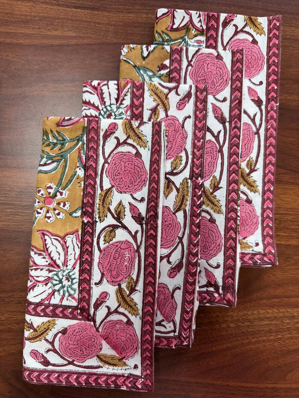 Biscotti Yellow Indian Floral Size 20x20" Hand Block Printed Cotton Cloth Napkins